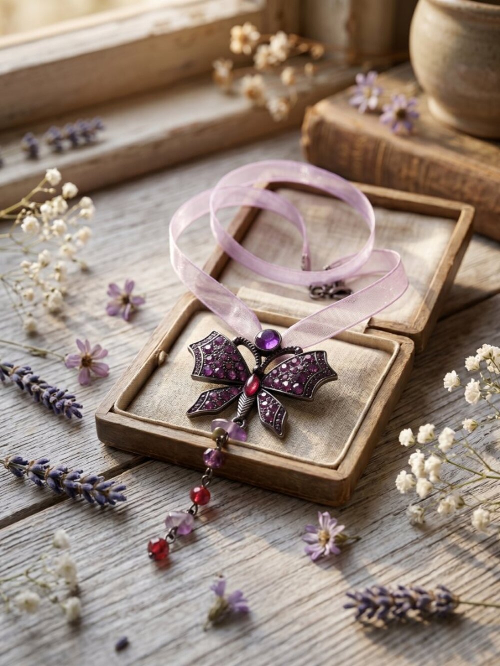 Enchanting Vintage Purple Rhinestone Gem Butterfly Pendant Necklace
